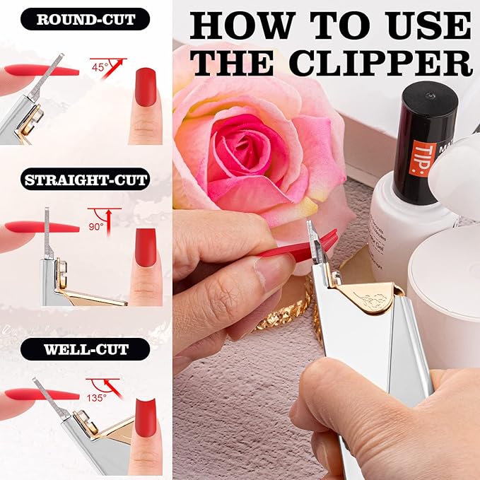 Belleboost Silver Premium Adjustable Nail Clippers for Acrylic Nails, Professional Stainless Steel Fake False Nail Tip Clipper Cutter Trimmer, Sharp Blade Manicure Tool for Salon Home DIY Nail Art