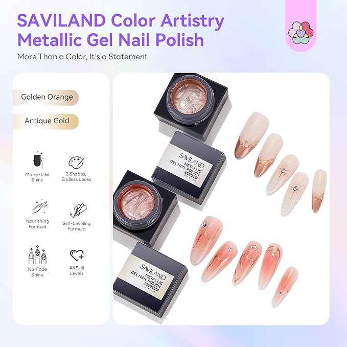 SAVILAND Metallic Gel Nail Polish Set: 2PCS Chrome Gel Polish Antique Rose Gold & Gold Golden 3D Metal Painting Gel for Glossy Mirror Effect Soak Off UV LED Chrome Nail Art Home Salon DIY