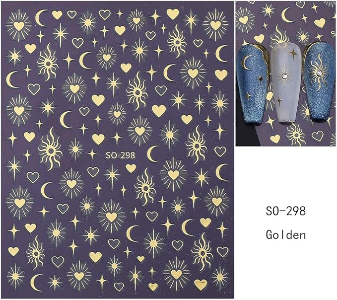 Gold Nail Stickers 5D Embossed Black White Star Nail Decals 3D Self Adhesive Moon Sun Nail Art Stickers Hearts Nails Designs Celestial Nails Supplies for Women DIY Manicure 6 Sheets