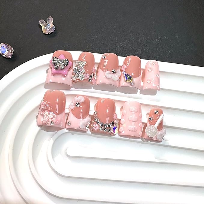Handmade Duck Press on Nails Short French Nails with Glue,Muti-Layer Gel 3D Flower Art Fake Nails with Luxury Gems Bow Design Light Pink Acrylic Nail Reusable Nature False Nails for Wome (Size S)