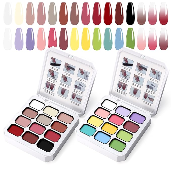 Gradient Painting Gel Set, 24 Nude Almond Black White Bright Colors Ombre Gel Nail Polish for Pigment Pat Nail Gel Kit, Silky Texture, French Manicure DIY Nail Art, No-wipe Soak of UV