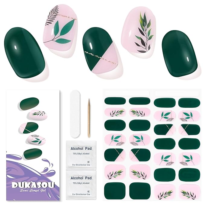 Semi Cured Gel Nail Strips (Green), 28 pcs Gel Nail Stickers, Work with Any UV Lights, Long-Lasting NailWraps for Women Art DIY Gift, Salon-Quality, Easy to Apply & Remove