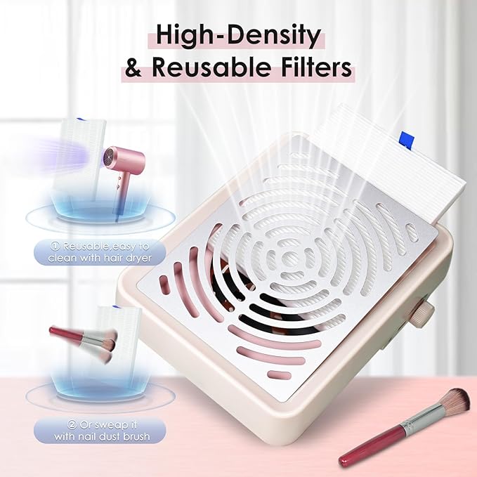 Nail Dust Collector with Lamp&50pcs Disposable Filter&Dusting Brush, Electric Nail Vacuum Cleaner Dust Fan Suction Machine for Manicure Acrylic Gel Nails Polishing, Low Noise,Salon Home (Pink)