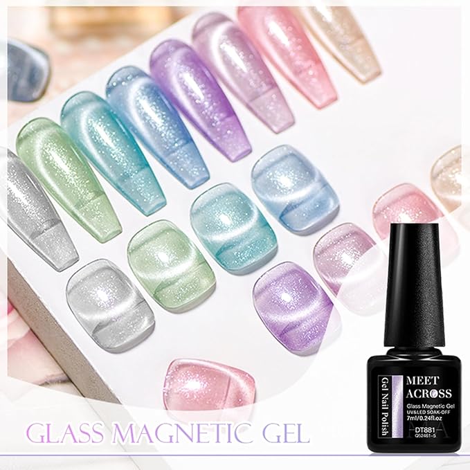 MEET ACROSS Magnetic Gel Nail Polish Set, Shimmer Glitter Cat Eye Gel, 8 Colors + 1 Magnetic Stick, Long Lasting, Salon Quality