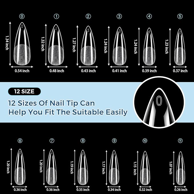 TOMICCA Long Stiletto Nail Tips, 240Pcs 12 Sizes Almond Fake Nails Ultra Half Matte Acrylic Gel Nail Tips Full Cover False Nails for Nail Extension Home DIY Salon