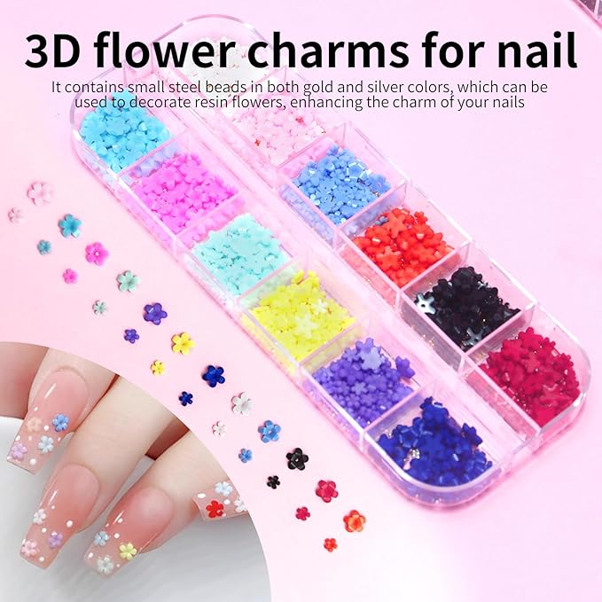 Nail Charms Kit with 30 Sheets Flower Nail Stickers,Colorful Heart Flower Bow 3d Nail Rhinestones And Gems,Nail Pearls Jewels,Tweezer and Wax Pen,Nail Art Tools for DIY Nail Design