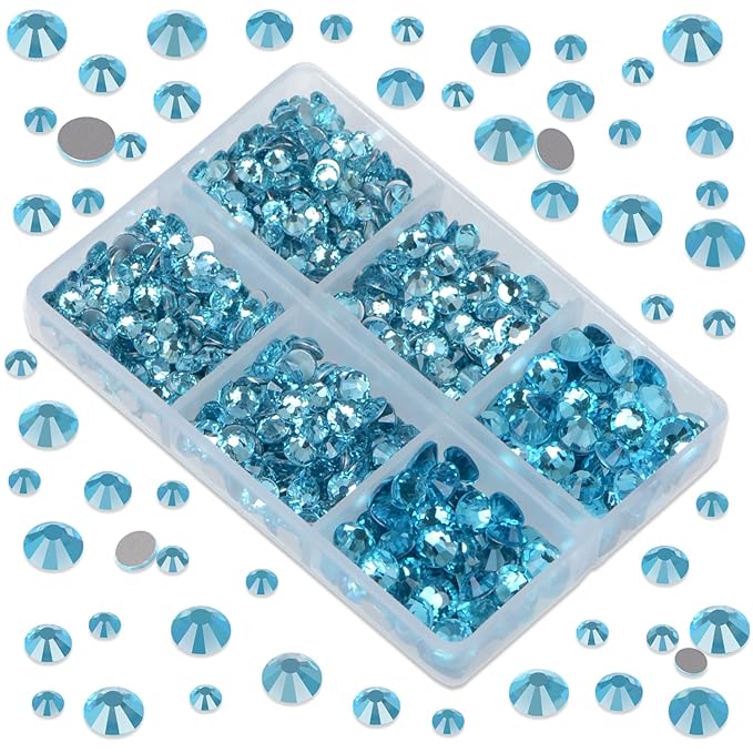 LPBeads 6000 Pieces Lake Blue Non Hotfix Rhinestones 6 Sizes Round Crystal Glass Flat Back Rhinestones with Tweezers and Picking Pen for Nail Art Crafts Clothes Bags DIY