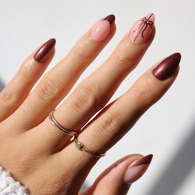Valentines Day Glamnetic Press On Nails - She's A Gift | Short Almond Fake Nails in Burgundy Chrome with French Tips and Ribbon Designs with 3D Gems, Salon Quality | 15 Sizes - 30 Nail Kit with Glue