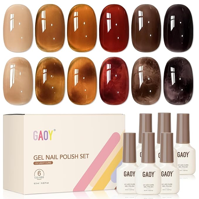 GAOY Jelly Tortoise Gel Nail Polish Set, 6 Transparent Colors Sheer Brown Dark Red Black, UV Light Cure Gel Polish for Nail Art DIY at Home