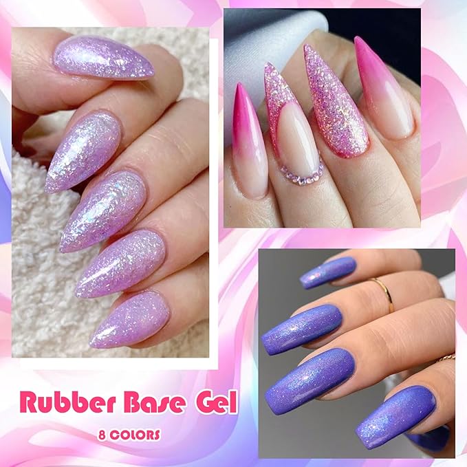 Rubber Base Gel Nail Polish Set Brocade Pink Purple Builder Base Gel in a Bottle Hard Extension Gel Pearlescent Blue 8 Colors Cured for Nails at Home Salon DIY Beginner