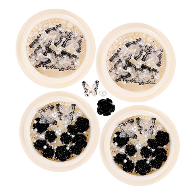 5sets Black Nail Rhinestones Pearl Rhinestones Flatback Nail Charms Art Gems Studs 4boxes * 5