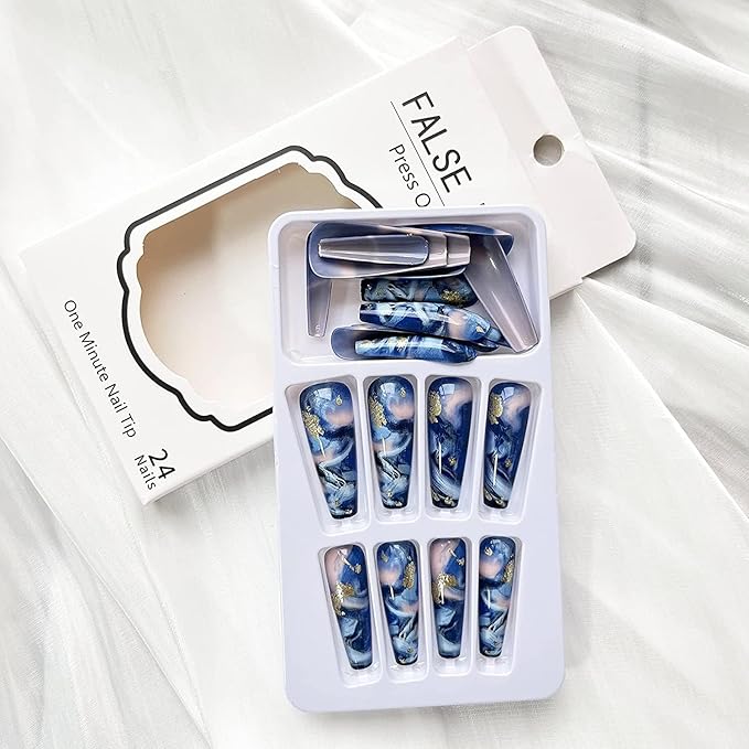 24 Pcs Long Press on Nails Coffin Fake Nails Press on Reusable Gel Stick on Nails for Women Glossy Acrylic False Nails Artificial Jelly Nails Blue Golden Smoke Lrregular Stripes