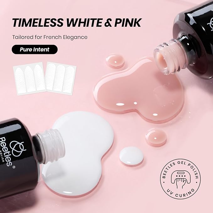 Beetles French Tip Gel Polish Set - White Nude Pink Gel Nail Polish Set Soak Off UV LED with 2 Styles Bubble French Manicure Nail Art Sticker Sheets for DIY Home & Salon Easter Gift for Women