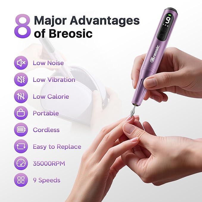 Electric Nail Drill Professional 35000RPM,Rechargeable Electric Nail File Cordless with 9-Speed & LED Display,12-in-1 Portable Manicure Pedicure kit for Acrylic Gel Dip Powder Nails (Purple)