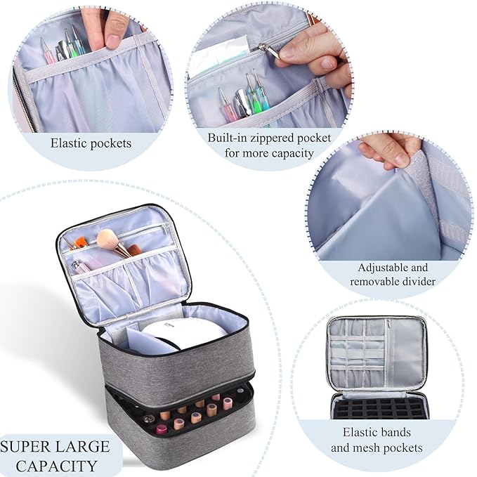 Nail Polish Organizer, Nail Polish Storage Holds 30 Bottles & Nail Lamp, Double Layer Nail Bag Organizer Case, Portable Nail Polish Holder for Nail Tech Travel & Manicure Kit
