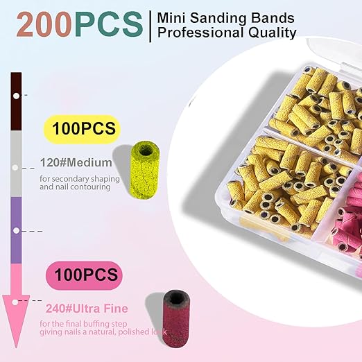 200Pcs Nail Drill Bits Small Sanding Bands with 3.1mm Mandrel Bit, 120 240 Fine Grit Nail File for Acrylic Nails Gel Manicures and Pedicure, Mini Nail Bit Set for Acrylic Nails Gel