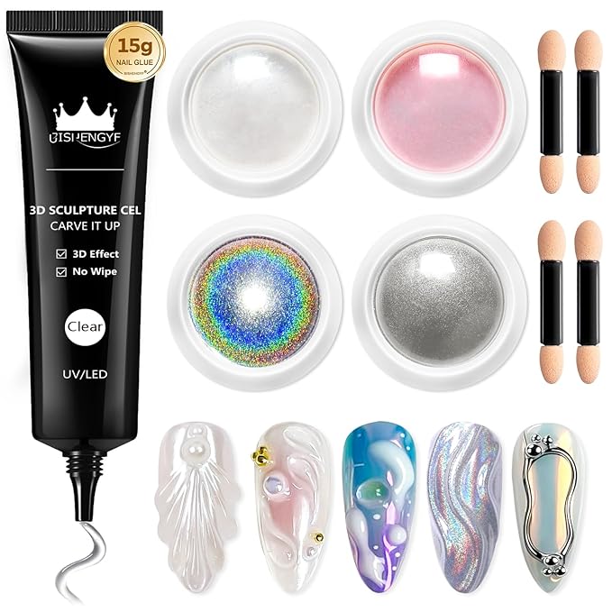 3D Nail Gel BISHENGYF - Pink White Chrome Nail Powder 15g Clear 3D Sculpting Gel Non-Sticky Hand Hard Gel with Laser Silver Chrome Powder for Nail Art Home DIY