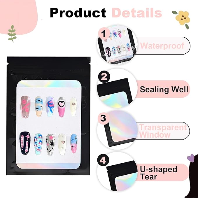 100 PCS Press On Nails Packaging Bag Holographic Nail Storage Bag and 100PCS Shiny White Pearl Card with 7 Sheets Pre-cut Nail Tape (Black)