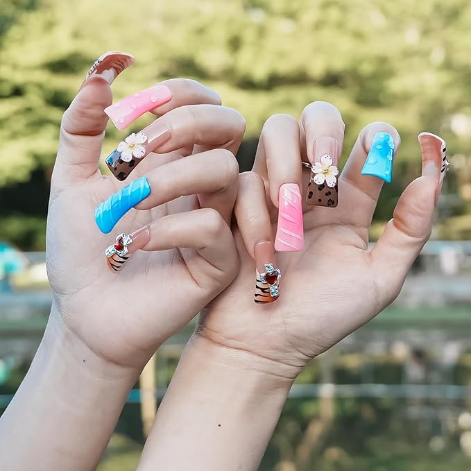 10Pcs Long Handmade Duck Press On Nails, 3D Charms Brown Tiger Stripes Flower False Nails, Blue Pink Colorful Acrylic Multi-Layer Gel Stick On Nails (Tame the Wild Heart, S)
