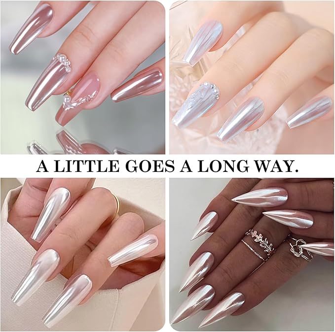 2Pcs White Pearl Chrome Nail Powder Super Glossy Metallic Mirror Effect, White Moonlight Unicorn Chrome Powder for Nails, Mermaid Glitter Pigment Powders for Gel Nail Polish Design 0.5g/Jar