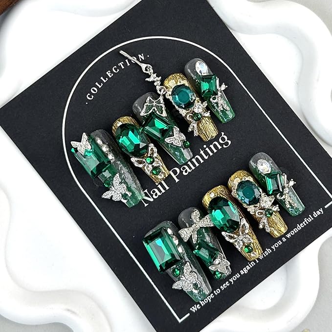 100% Handmade Press on Nails Y2K Green Diamond Fake Nails Long Coffin False Nails with Silver Bow Butterfly Charms Jadeite Emerald Glue on Nails Reusable Handmade Nails for Women Manicure Size L