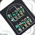 100% 5D Handmade Press on Nails Green Diamond False Nails Long Coffin Fake Nails Press ons Silver Bow Butterfly Nail Charms Press on Nails for Women Girls Daily Wear DIY Manicure Size M