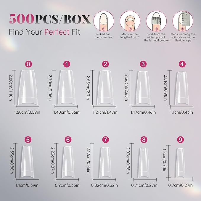 krofaue 500PCS Clear False Nails Tips - Half Cover Lady French Style Acrylic Artificial Tip Manicure with Box of 10 Sizes for Nail Tips Art Salons and Home DIY