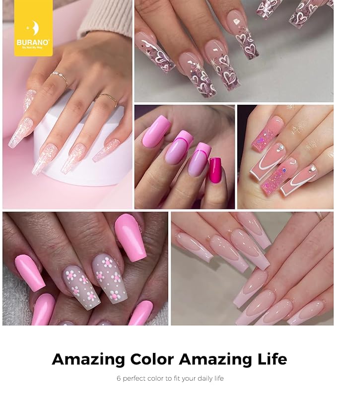 BURANO Poly Extension Gel Nail Kit, 6 Colors Nail Poly Nails Builder Gel Set for Beginner & Professional Using, DIY Starter Kit Nail Art Gift (04 Pink Glitter)