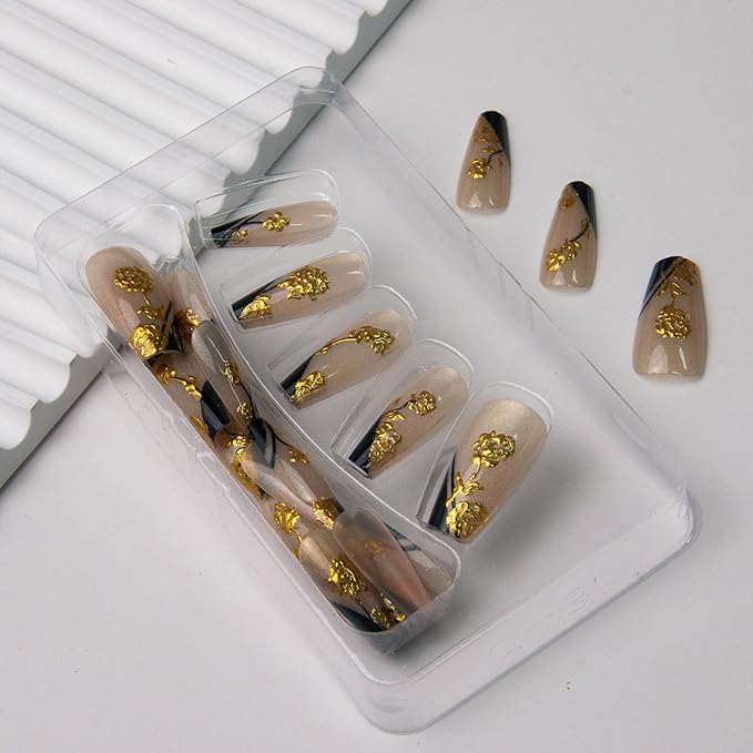 Press on Nails Medium Square Fake Nails Gold Rose Flowers Acrylic Nails Black French Tip False Nails Press ons with Design Cat Eye Glue on Artificial Nail for Women Manicure 24Pcs