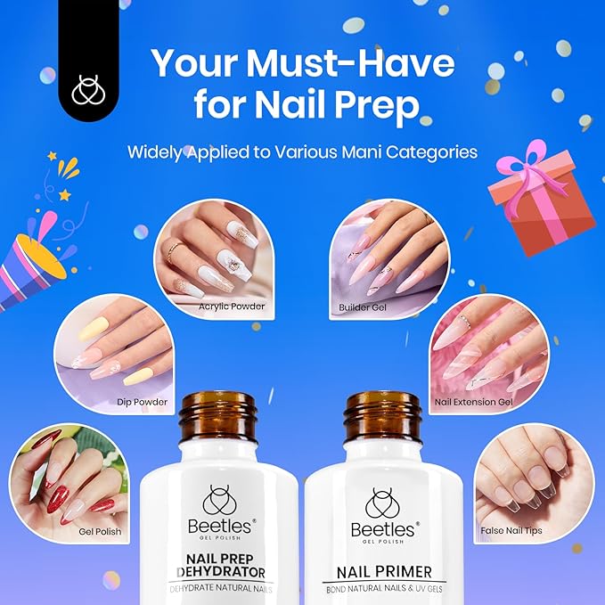Beetles 20ml 2Pcs Nail Dehydrator and Primer, Large Capacity Acid Free Acrylic Nail Prep Dehydrate and Primer for UV Gels Superior Bonding Professional Salons Set