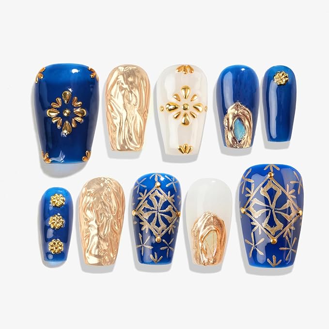 Sun&Beam Nails Handmade Press On Short Coffin Blue Golden Cross Bohemia Design Charming Cute False Nail Tips 10 Pcs (#102 XS)