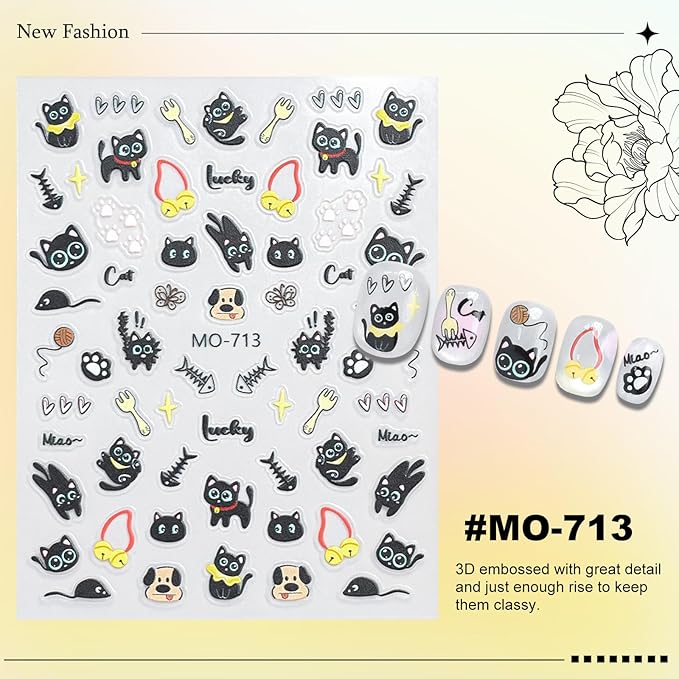 6 Sheets Cute Cat Dog Nail Stickers for Nail Art Adorable Kitty Bow Designs 3D Embossed Self Adhesive Nail Decals for Women DIY Manicure Decoration YX1234