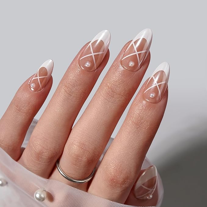 BTArtbox French Tip Press On Nails - Lamp-Curable Pearl Accents Chrome Almond Press On Nails with Glue for Women, Soft Gel Glue On Nails in 15 Sizes - 30 Stick On Nails Kit, Heel Click