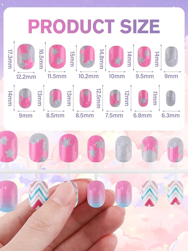 EBANKU 168Pcs 7 Pack Press on Nails for Kids Children Fake Nails Stick on Nails Full Cover Gradient Color Short Acrylic Nail Tip with Nail Glue for Christmas Party