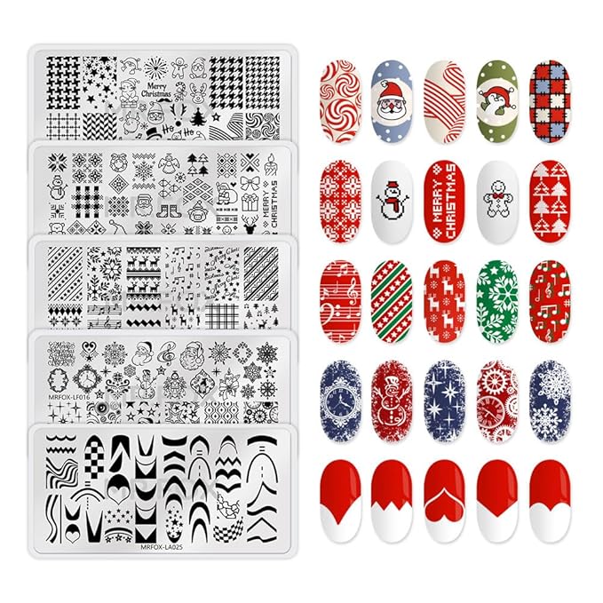 Christmas Nail Stamping Plate Set Winter Snowflake Xmas Snowman Christmas Tree Santa Claus, 5Pcs Nail Art Stamp Kit Templates