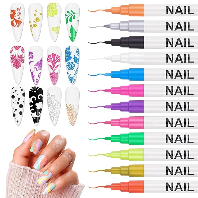 12 Color Nail Art Pens for Painting Nails, 0.7 MM 2026 Fluorescent Nail Polish Pens Drawing Point Liner Acrylic Painted Pen Kit, DIY Design Manicure Tools Christmas Gifts