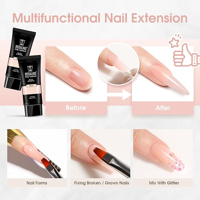 ROSALIND Nude Poly Extension Gel, 2.7 oz Light Nude Poly Nail Gel Builder for Nail Art Decoration, Thickening Extension Easy to DIY Use at Home Need UV Lamp