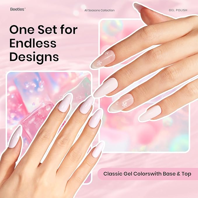 Beetles 3Pcs 15ml Pink Gel Nail Polish and No Wipe Gel Top Coat & Base Coat Set, Soak Off UV Lamp and Long Lasting Top Coat French Manicure Art Design Kit