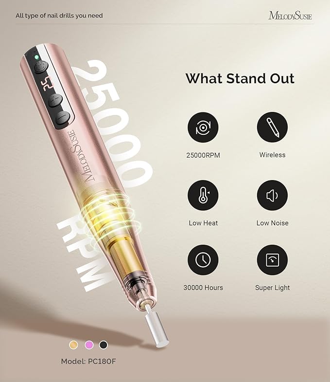MelodySusie Pen-Shaped Portable Cordless Nail Drill, PC180F 25000RPM Rechargeable Electric File with LED Display for All Nail Care, Manicure Shaping & Acrylic Gel Removal for Nail Artists DIY at Home
