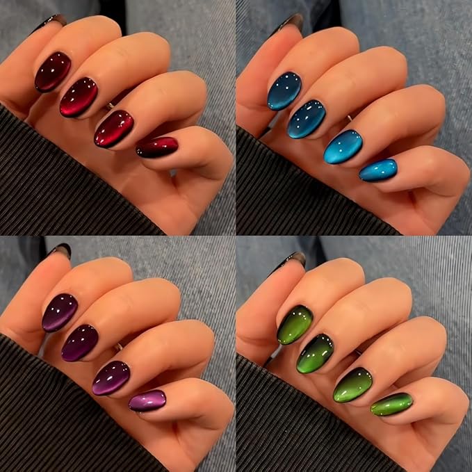 KQueenest 4 Packs Gel Press On Nails Short Oval, Cat Eye Press On Nails Short Almond, Dark Chrome Fake Nails Press Ons, Shiny Glitter Black Glue on Nails for Women Decoration, 96 Pcs Gift Kit