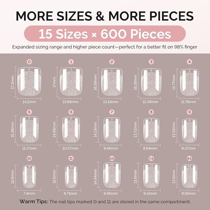 MelodySusie Extra Short Square X Nail Tips - 600Pcs 15 Sizes Clear Acrylic,Half Matte Full Cover Press on Nails for DIY Extension & Salon Use, Pre-Shaped for Long-Lasting Manicure, Fall Winter Nails