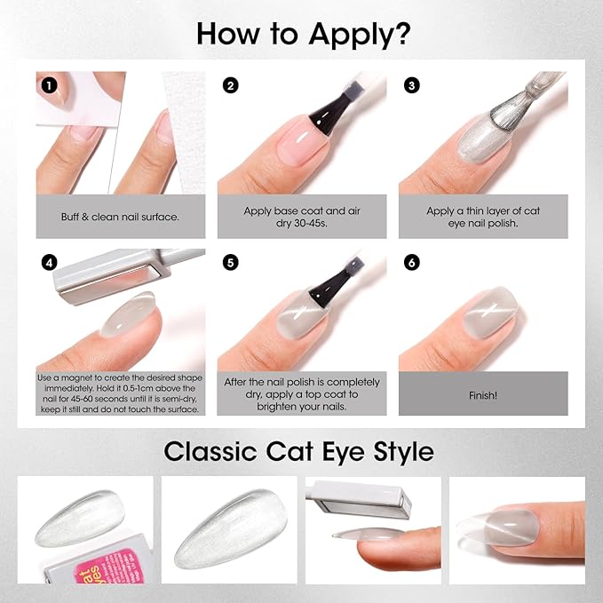 GELLEN Quick Dry Cat Eye Nail Polish Kit, Pink Silver Champagne Magnetic Fingernail Polish, Fast Drying Glitter Nail Lacquer Non Gel with Magnet Tool, DIY Salon Home