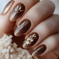 Brown Press on Nails Almond Fake Nails Medium Nails Press Ons with Gold Glitter Design Gold leaf False Nails Glossy Glue on Nail DIY Acrylic Stick on Nail for Women Decorations Set 24Pcs