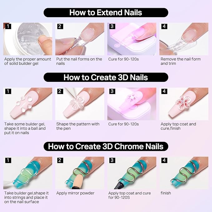 MIZHSE Clear 3D Gel Nail Art Solid Builder Gel for Nails, 5 in 1 Non-Sticky Sculpture Hand Carving Nail Extension Gels with 24pcs Dual Form for 3D Patterns Flowers for Beginner DIY Salon at Home