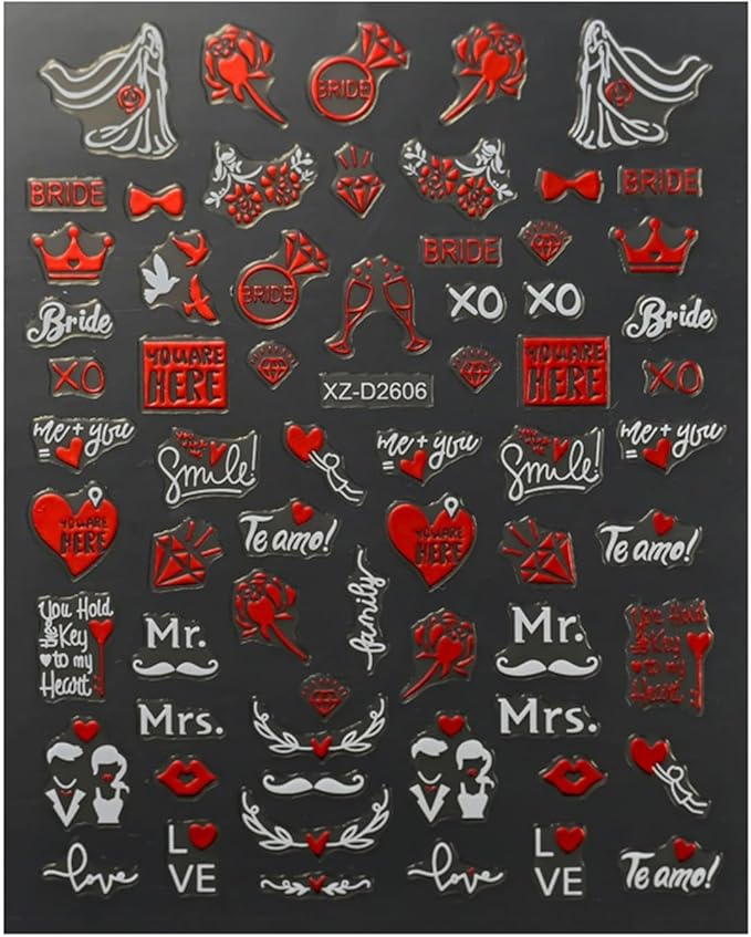 Valentines Nail Art Stickers Heart Nail Decals Glitter Charms Rose 3D Self-Adhesive Lipstick Mark Valentines Day DIY Date Nail Supplies Decorations for Women Girls 6 Sheets