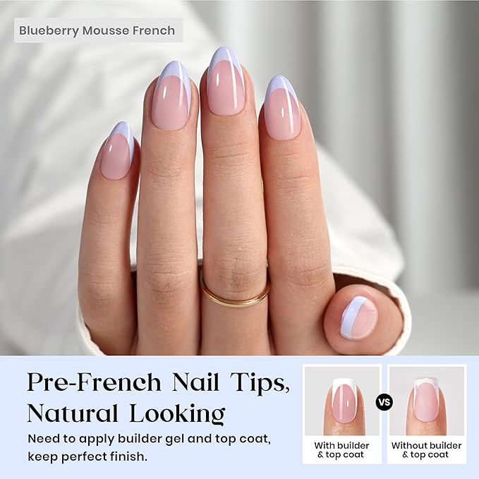 Beetles Blue French Tips Press On Nails, Pastel Spring Press On Nails Short Almond 160 Pcs, Blue Fake Nail Tips Soft Nail Gel False Nails Art DIY For Women
