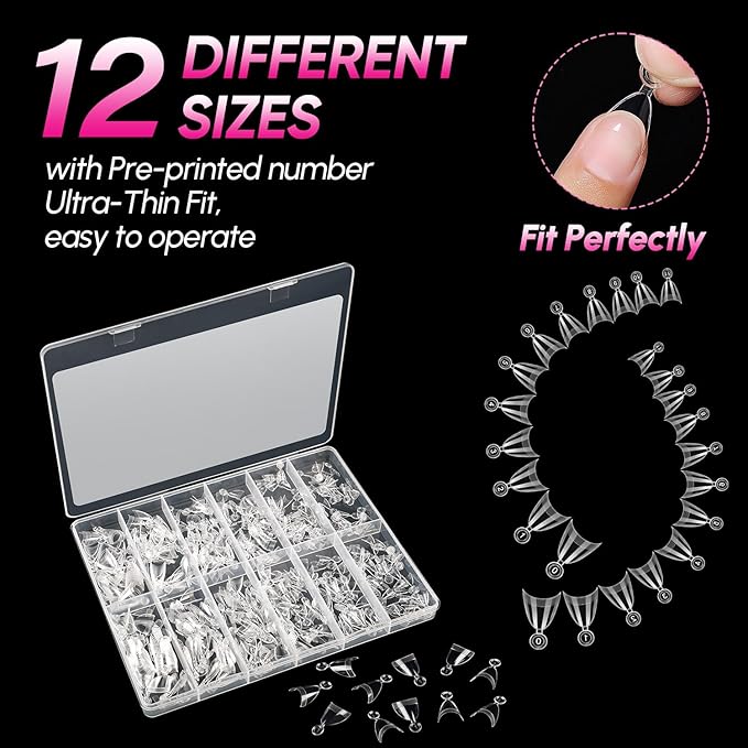 AIMEILI Short Almond Nail Tips, 504pcs Half Cover Short Gel Nail Tips Clear Fake Nails for Nail Extension DIY Nail Salon, 12 Sizes