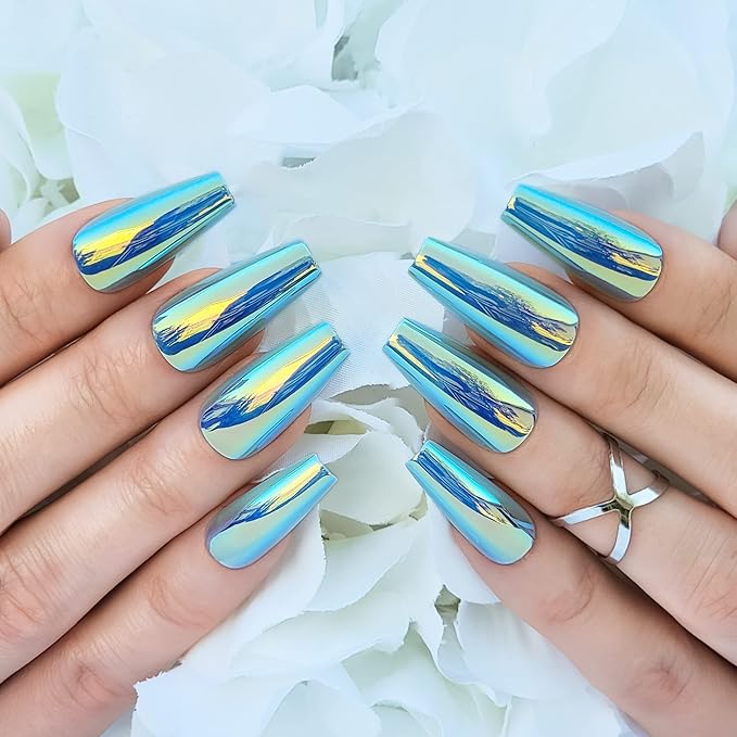 Hypnaughty 24 Pcs Chameleon Chrome Luxury Coffin Medium Long Press On Nails and Glue Reflective Mirror False Nails (Chameleon)