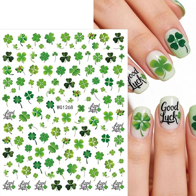 8 Sheets St Patricks Day Nail Art Stickers Set Green Shamrock Stickers for Nails 3D Self-Adhesive Design Decals Irish Personalized Lucky Clover Nail Sticker for Women DIY Manicure Decoration