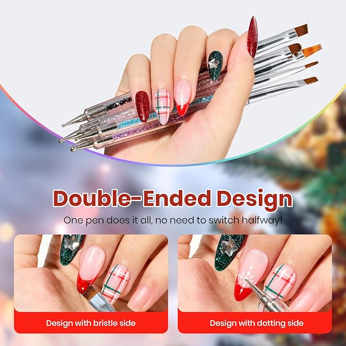 Beetles Nail Art Brushes 8pcs – Crystal Nail Art Tools 5pcs Double-ended Nails Dotting Tool, 3pcs Striping Liner Brushes for Nails with Charms and Stickers DIY Manicure Design Tools